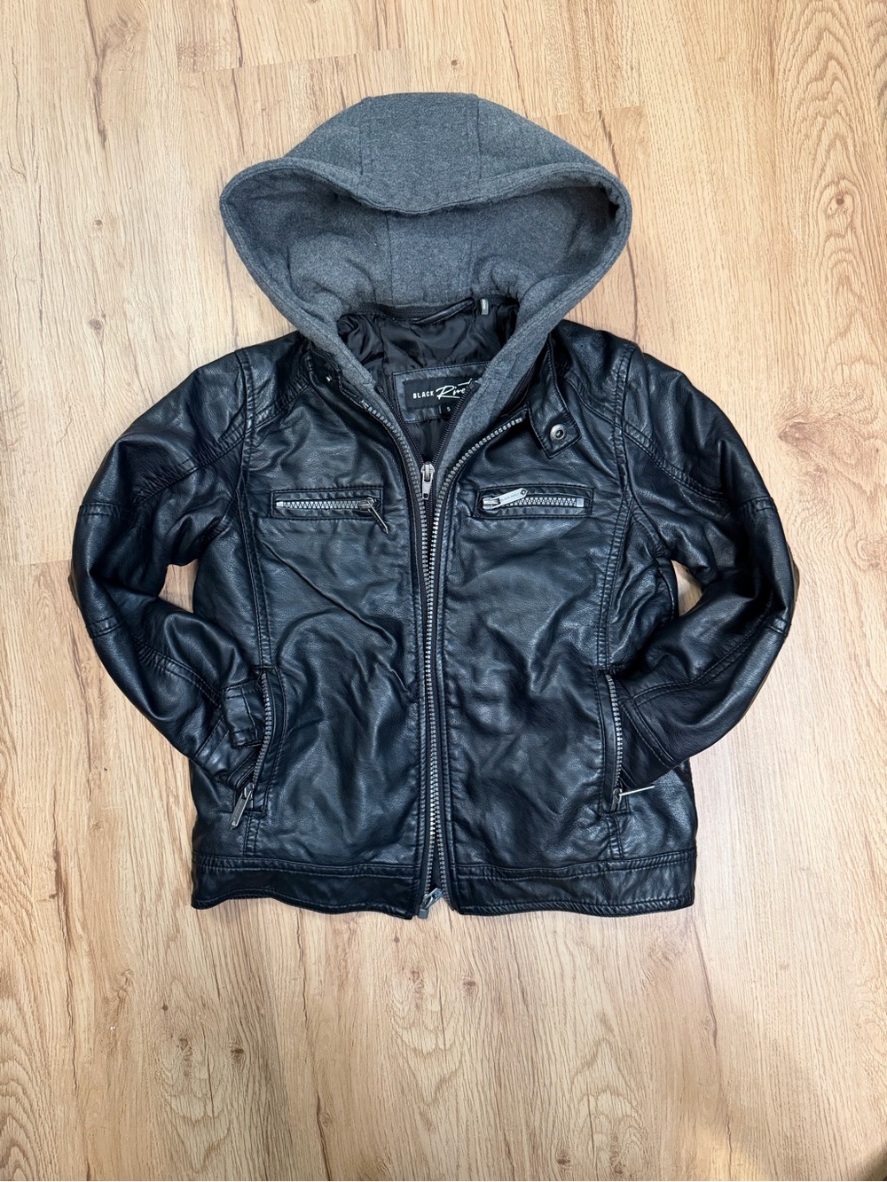 Black Rivet Kids Black Faux Leather Jacket with Gray Hood